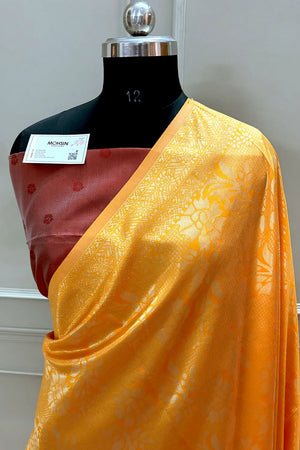 Yellow and Maroon Zari Banarasi Silk Saree