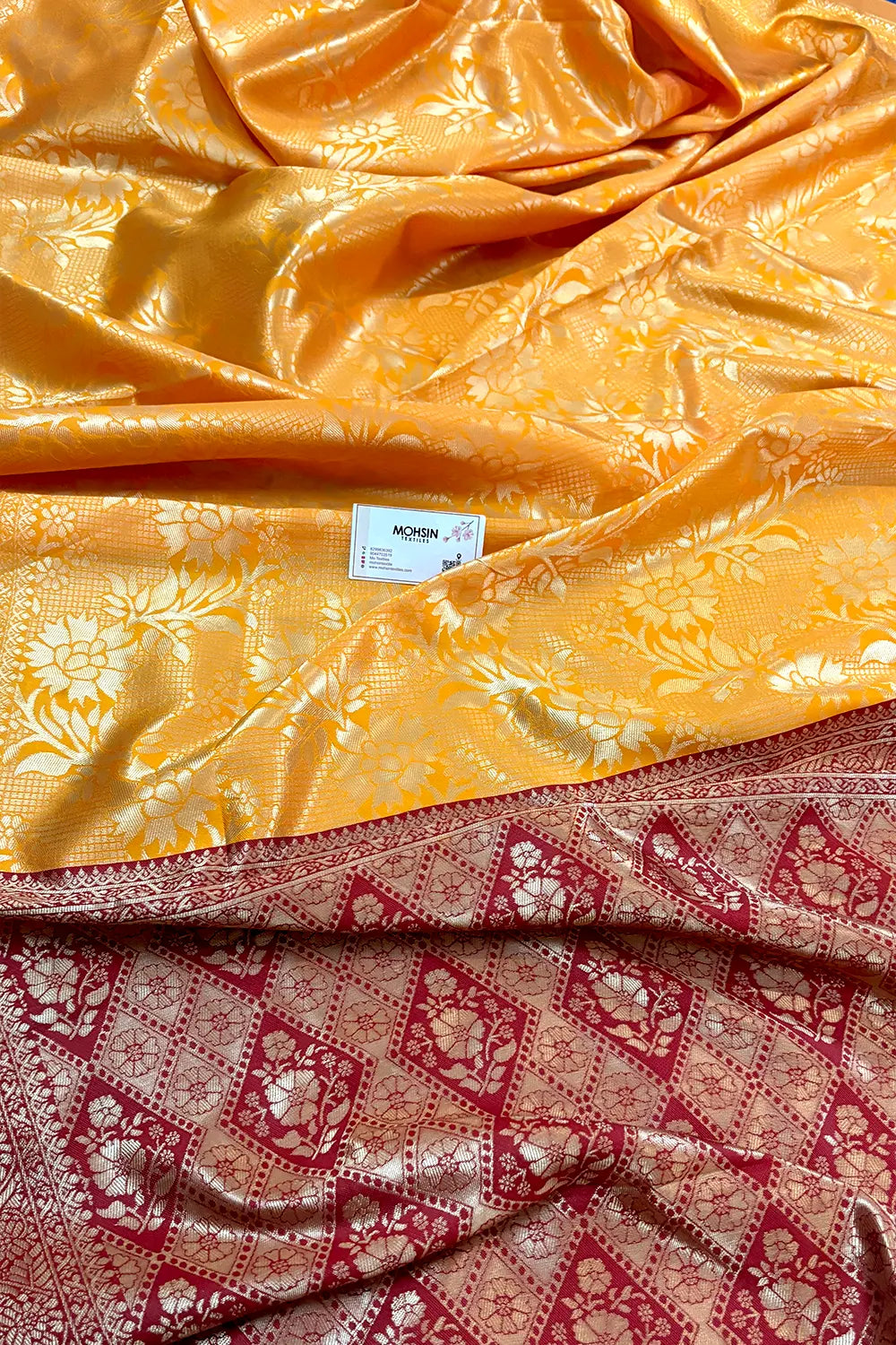 Yellow and Maroon Zari Banarasi Silk Saree