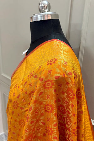 Yellow and Orange Zari Silk Banarasi Saree