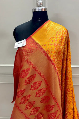 Yellow and Orange Zari Silk Banarasi Saree