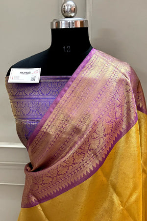 Yellow and Purple Tissue Silk Banarasi Saree