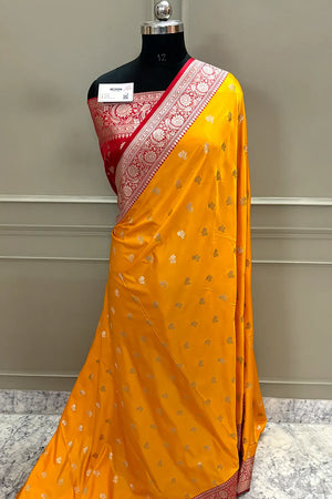 Yellow and Red Chaman Buti Katan Silk Banarasi Saree