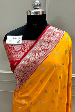 Yellow and Red Chaman Buti Katan Silk Banarasi Saree