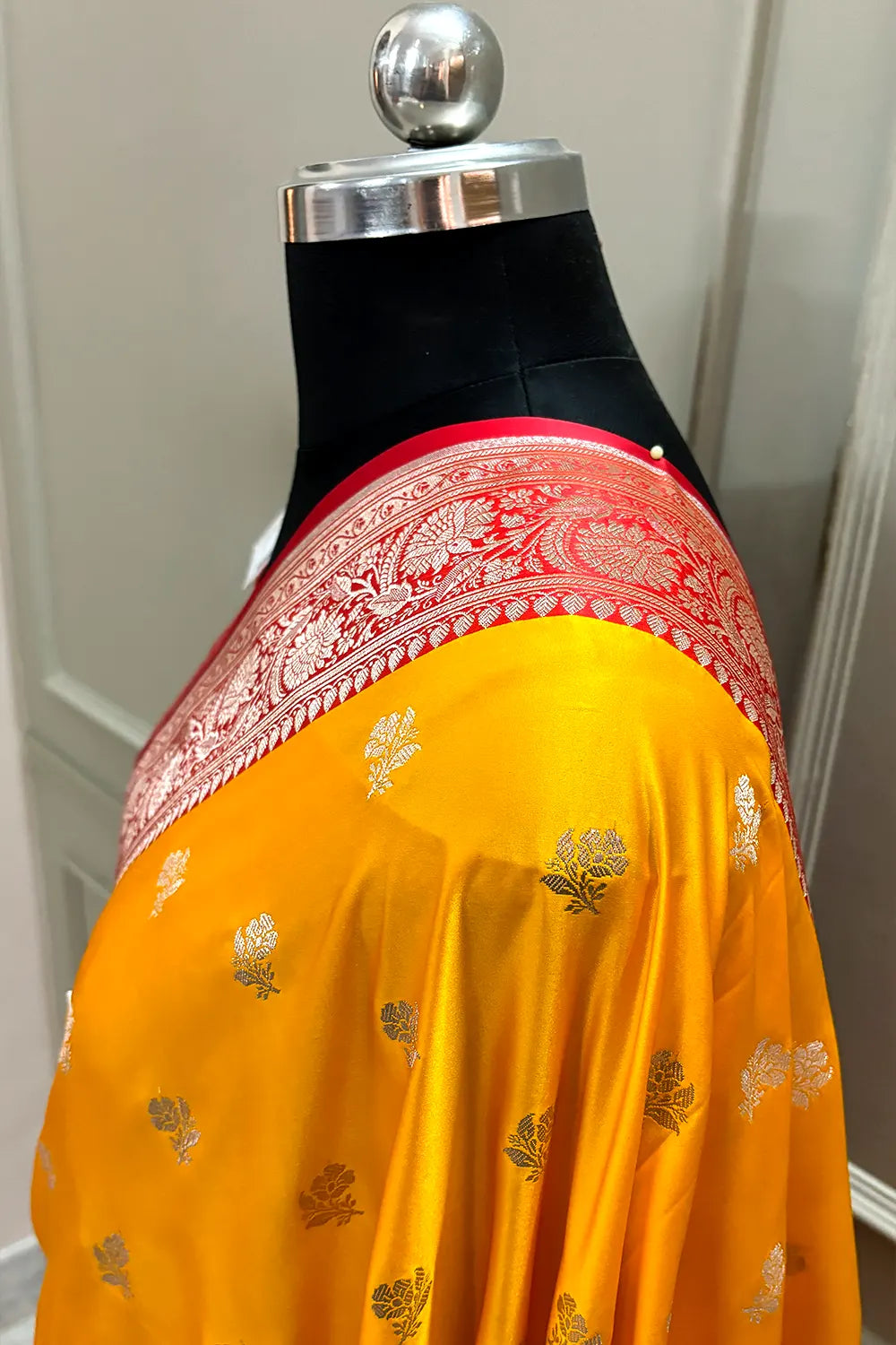 Yellow and Red Chaman Buti Katan Silk Banarasi Saree