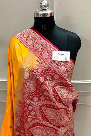 Yellow and Red Chaman Buti Katan Silk Banarasi Saree