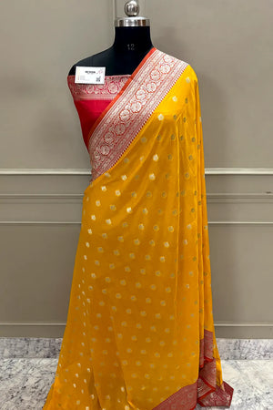 Yellow and Red Ghonga Buti Katan Silk Banarasi Saree