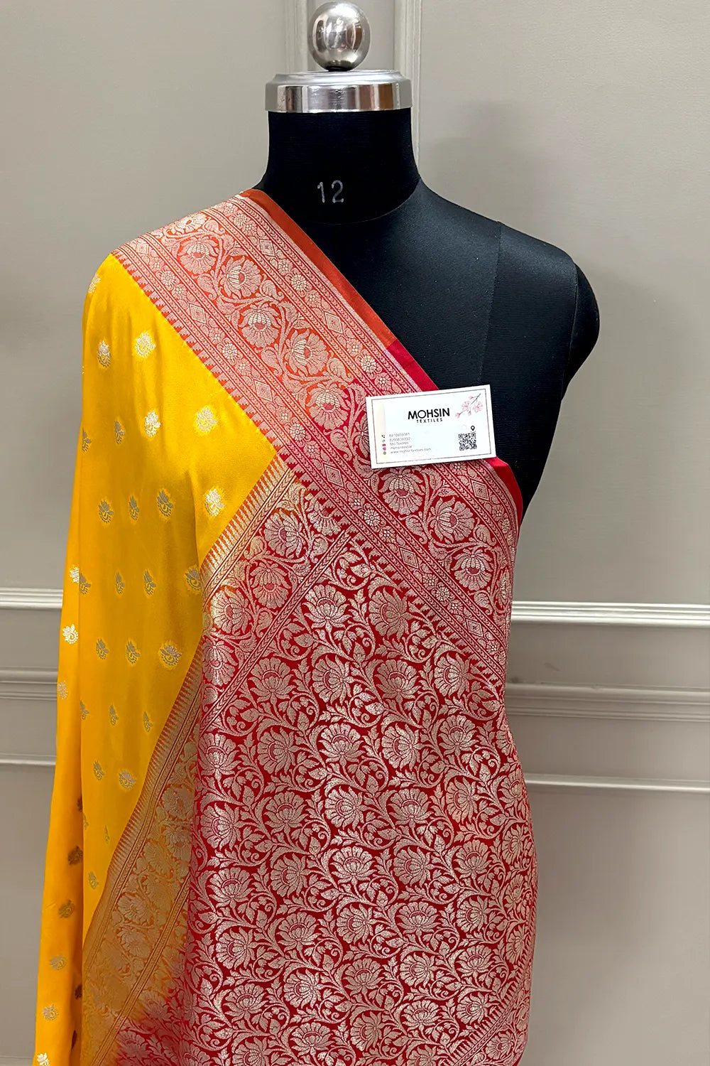 Yellow and Red Ghonga Buti Katan Silk Banarasi Saree