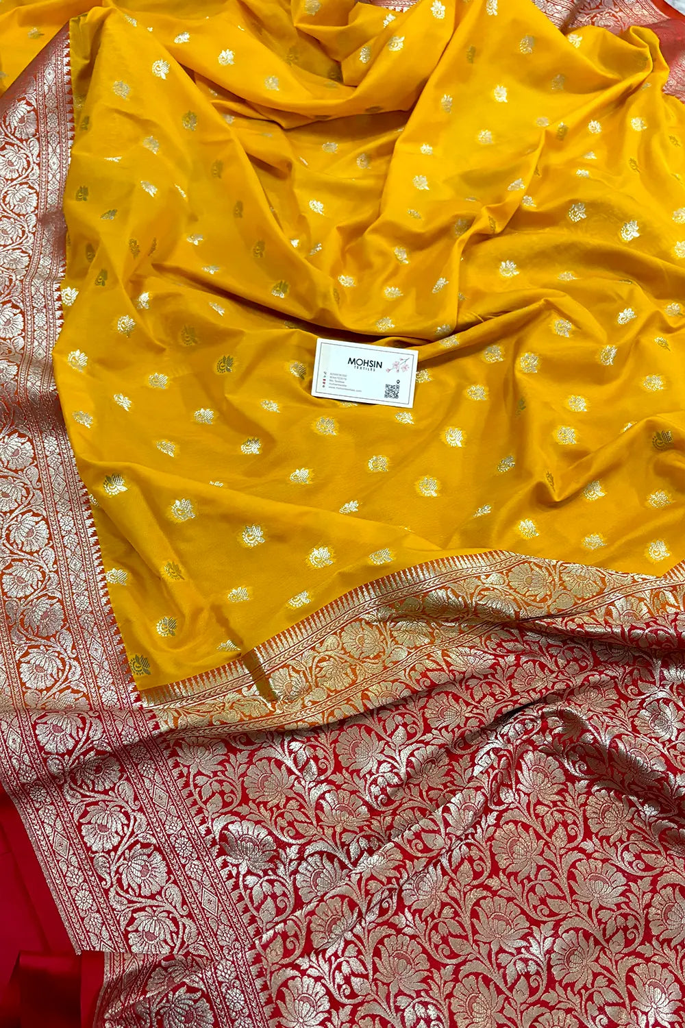 Yellow and Red Ghonga Buti Katan Silk Banarasi Saree
