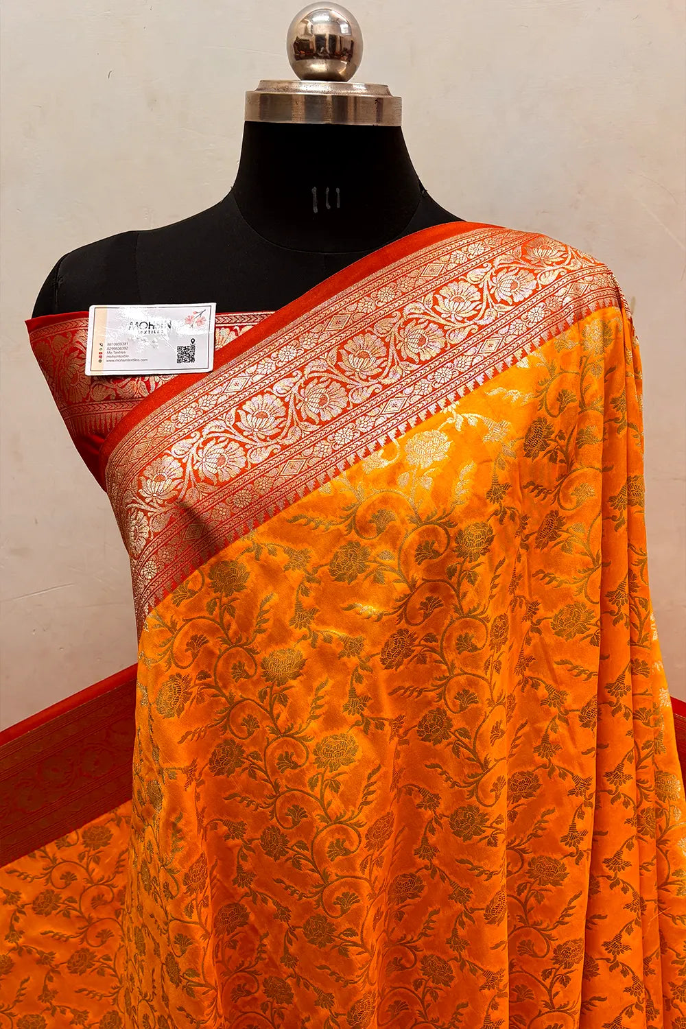 Yellow and Red Gulabi Jaal Katan Silk Banarasi Saree
