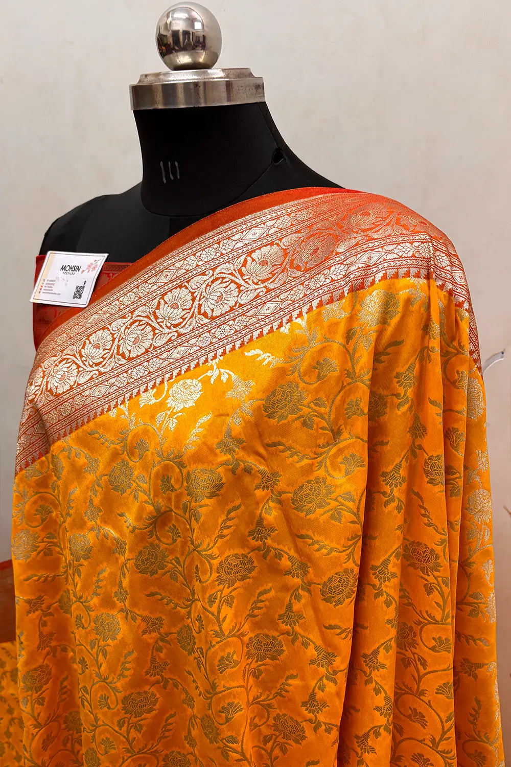 Yellow and Red Gulabi Jaal Katan Silk Banarasi Saree