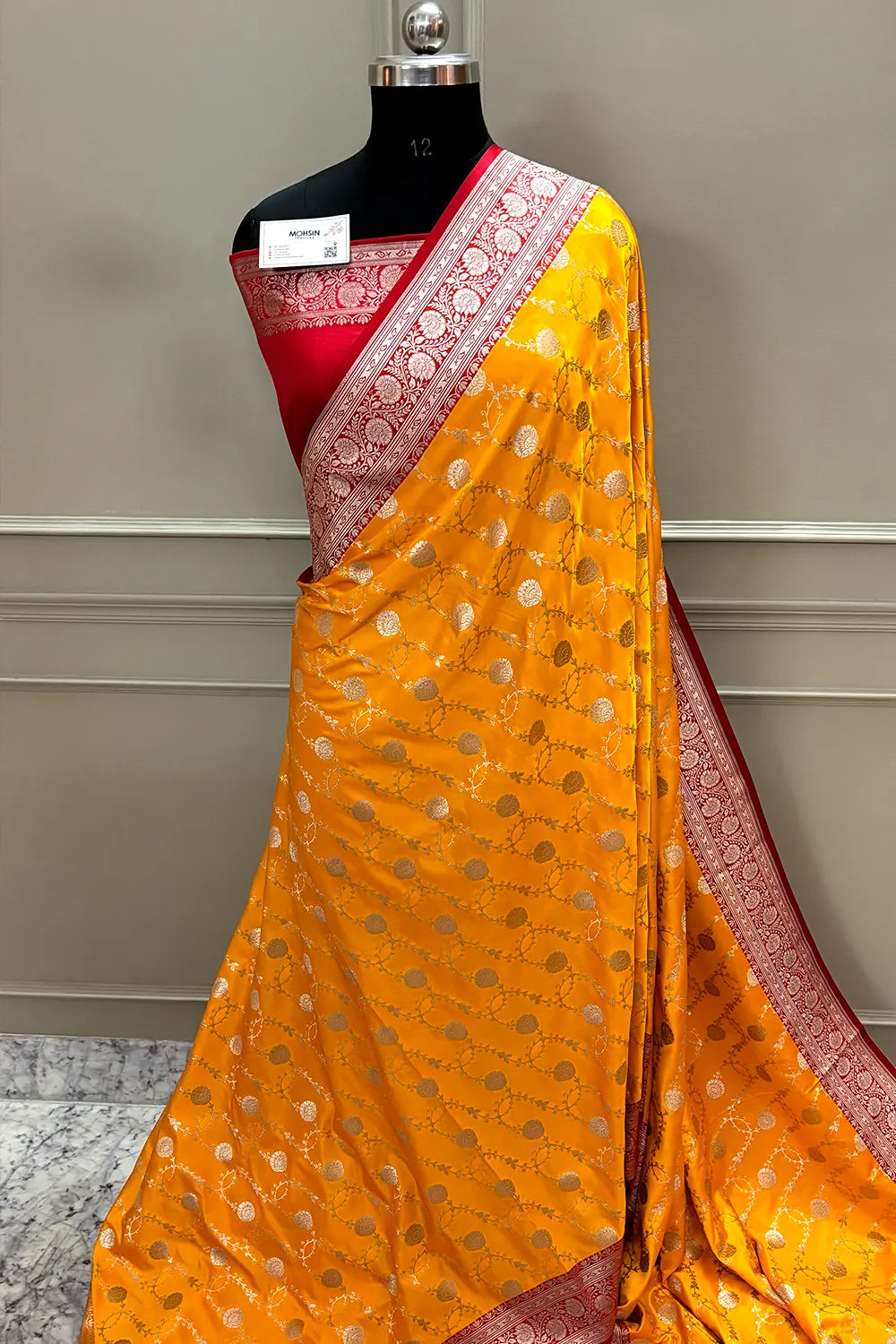 Yellow and Red Ropeway Jaal Katan Silk Banarasi Saree