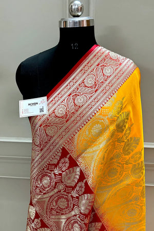 Yellow and Red Royal Plain Katan Silk Banarasi Saree