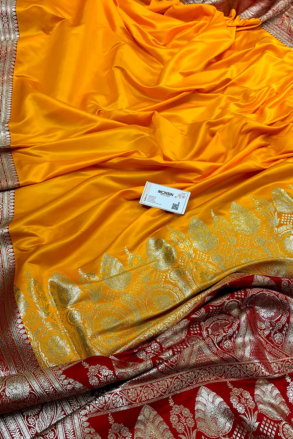Yellow and Red Royal Plain Katan Silk Banarasi Saree