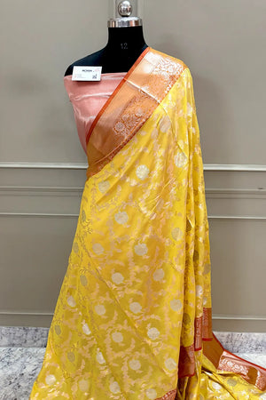 Yellow and Red Zari Banarasi Silk Saree