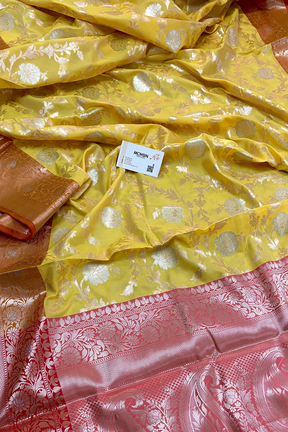 Yellow and Red Zari Banarasi Silk Saree