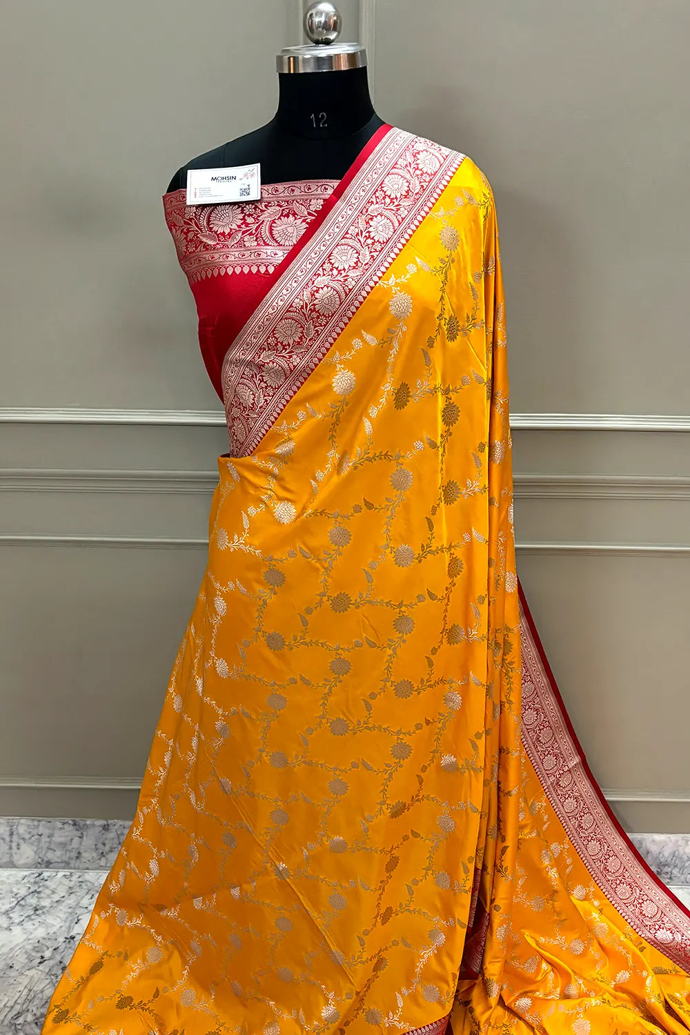 Yellow and Red Zari Katan Silk Banarasi Saree