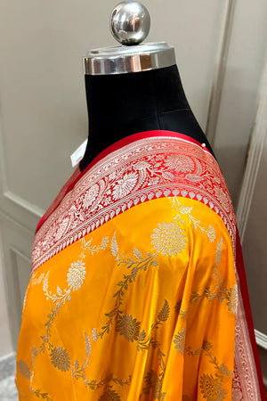 Yellow and Red Zari Katan Silk Banarasi Saree