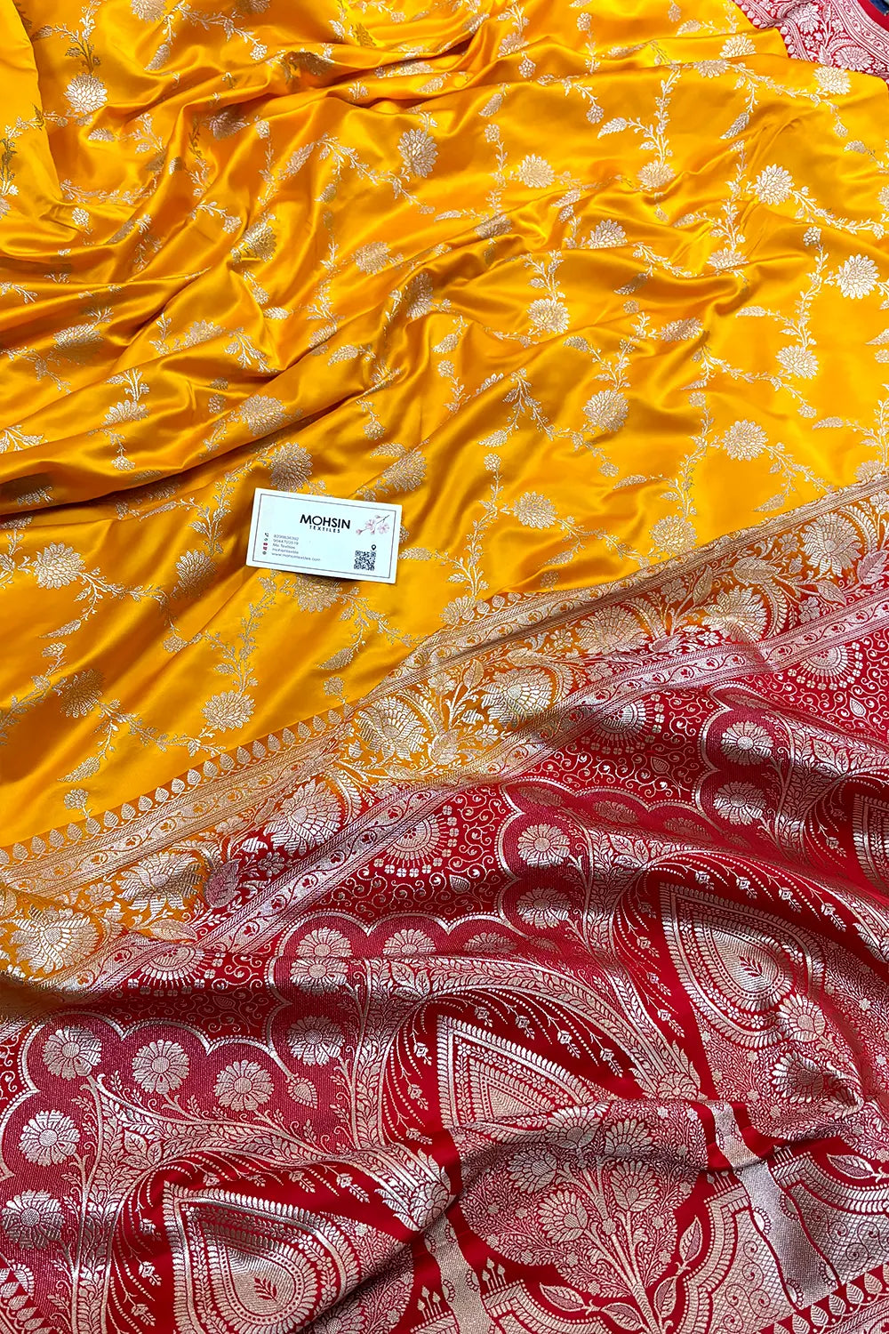 Yellow and Red Zari Katan Silk Banarasi Saree