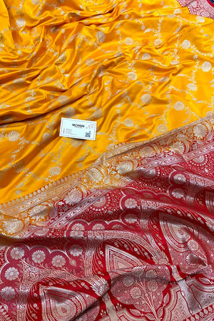 Yellow and Red Zari Katan Silk Banarasi Saree