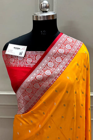 Yellow and Red Zari Katan Mashru Silk Banarasi Saree