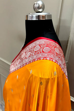 Yellow and Red Zari Katan Mashru Silk Banarasi Saree