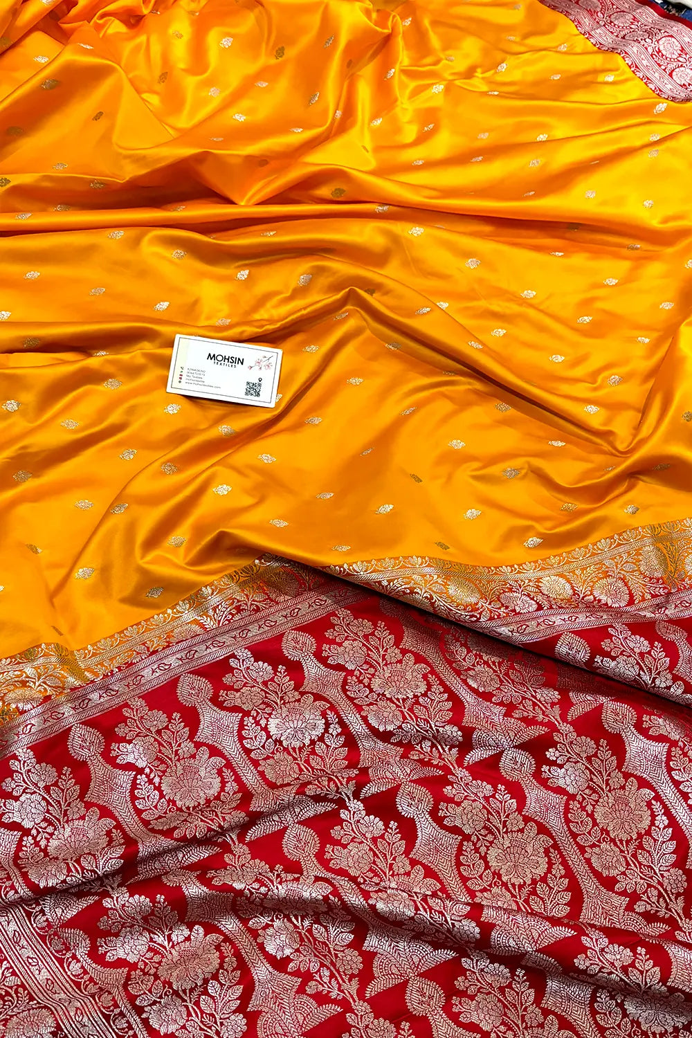 Yellow and Red Zari Katan Mashru Silk Banarasi Saree