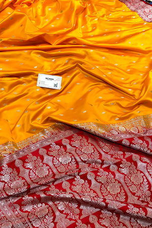 Yellow and Red Zari Katan Mashru Silk Banarasi Saree
