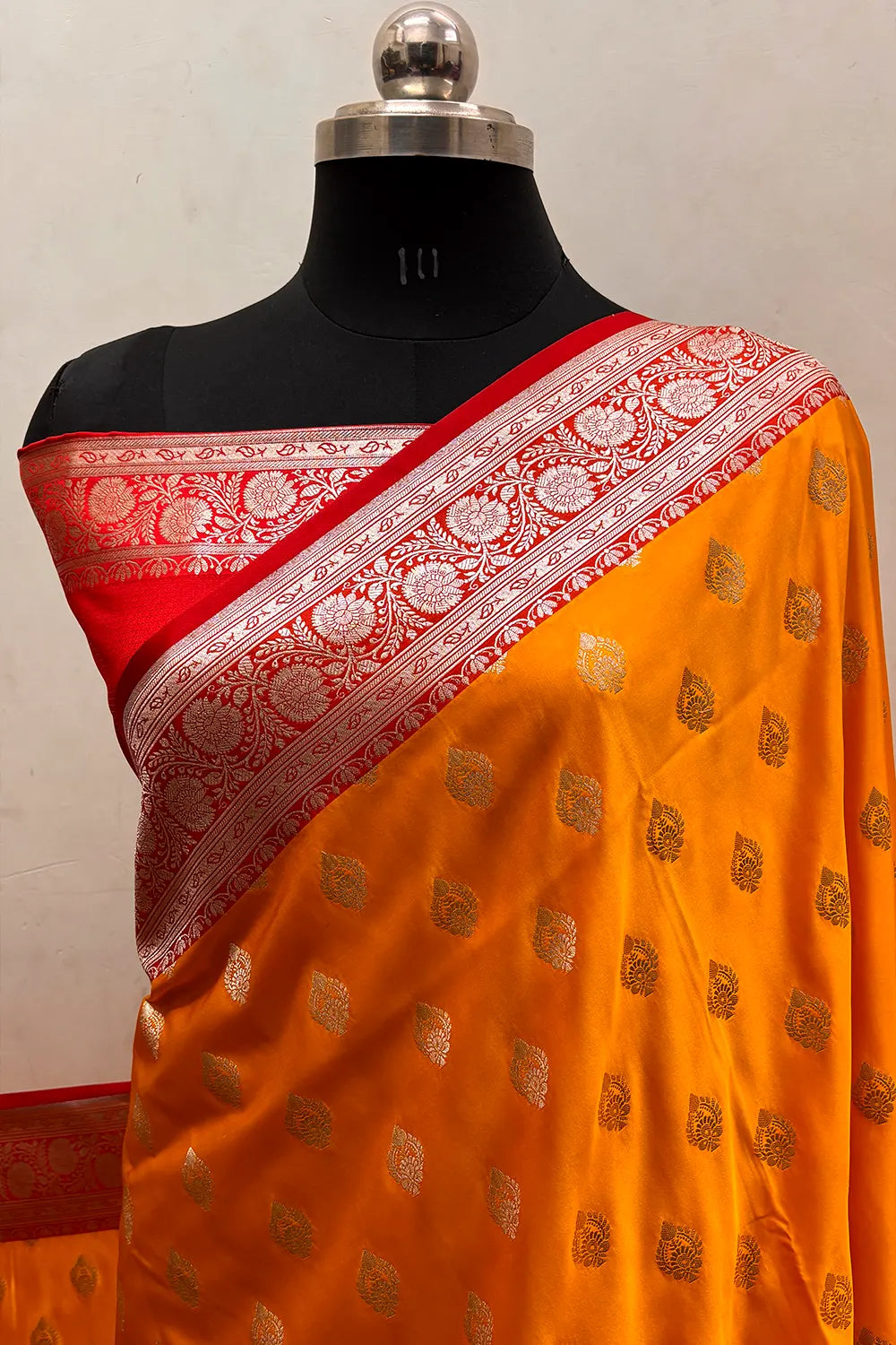 Yellow and Red Zari Katan Silk Banarasi Saree