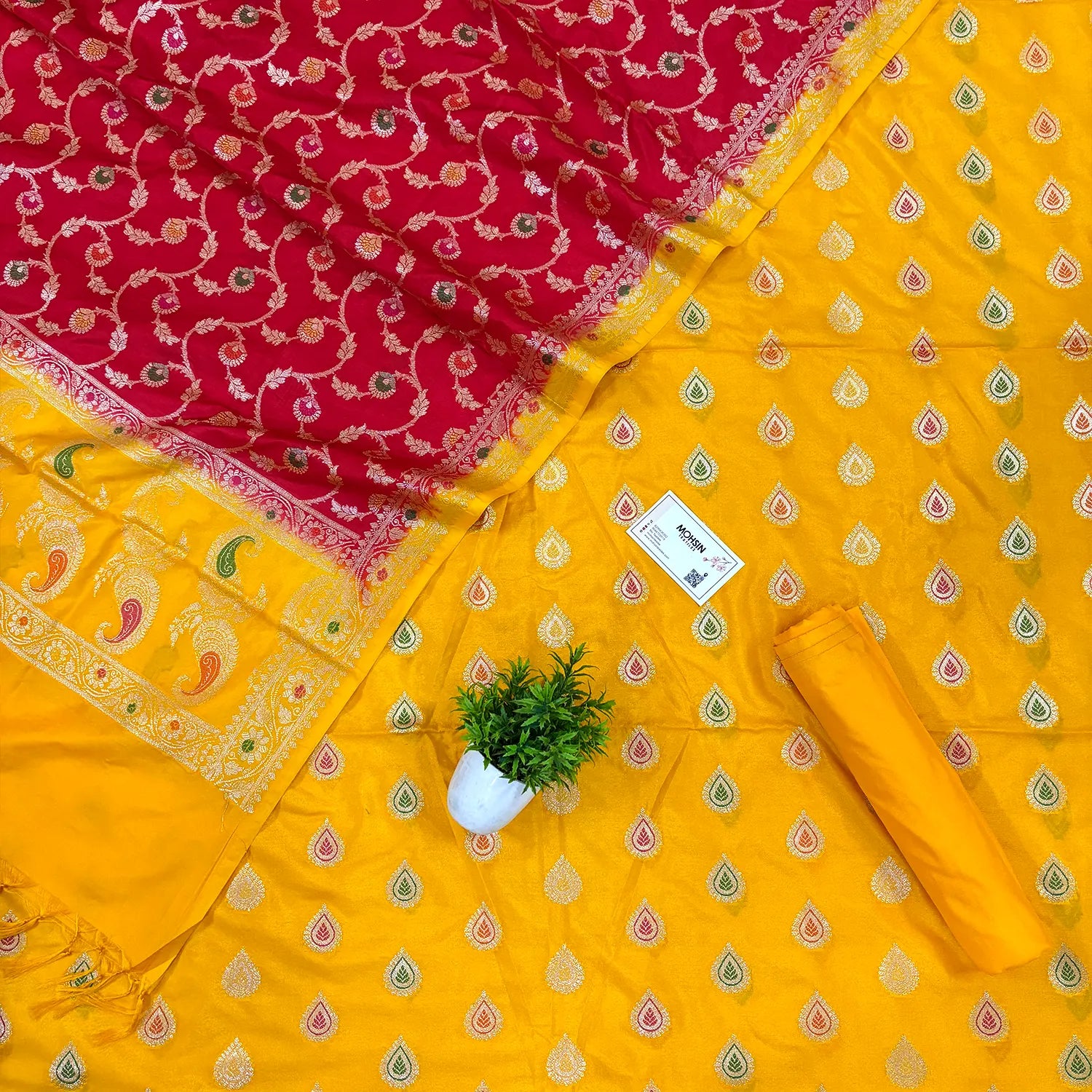 Yellow and Red Zari Katan Silk Banarasi Suit