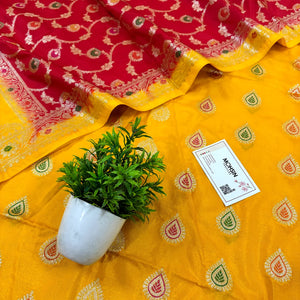 Yellow and Red Zari Katan Silk Banarasi Suit