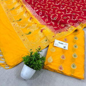 Yellow and Red Zari Katan Silk Banarasi Suit