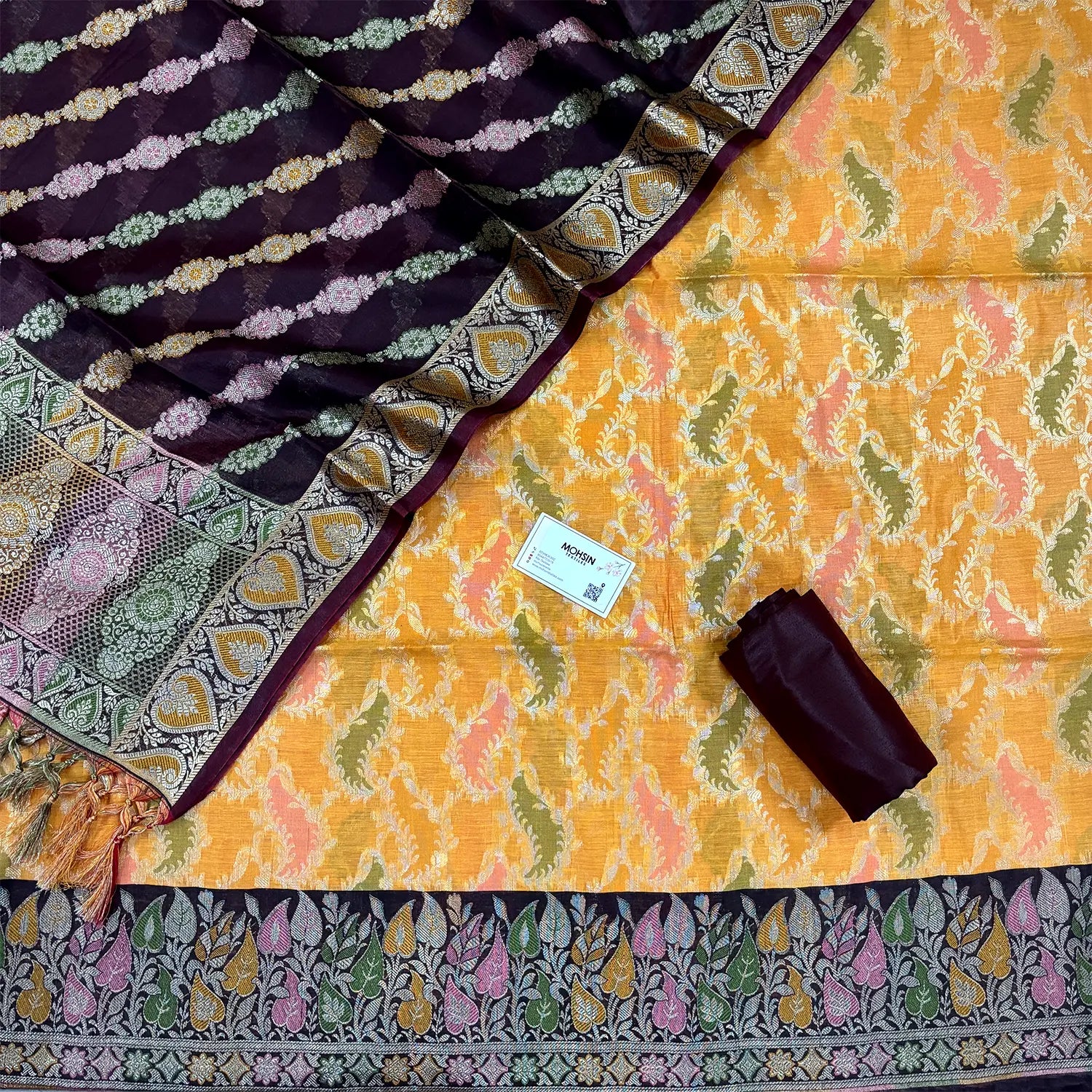 Yellow and Wine Resham Banarasi Silk Suit