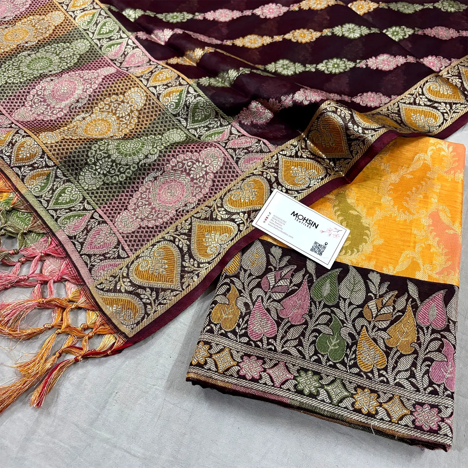 Yellow and Wine Resham Banarasi Silk Suit