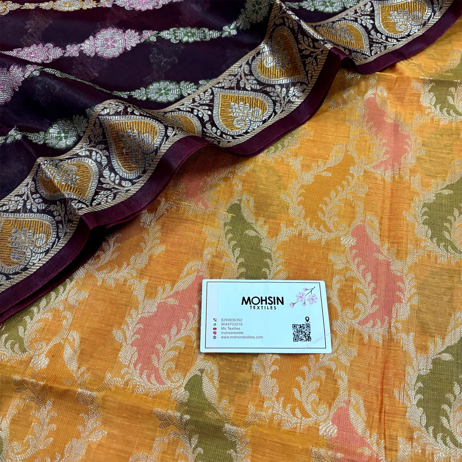 Yellow and Wine Resham Banarasi Silk Suit