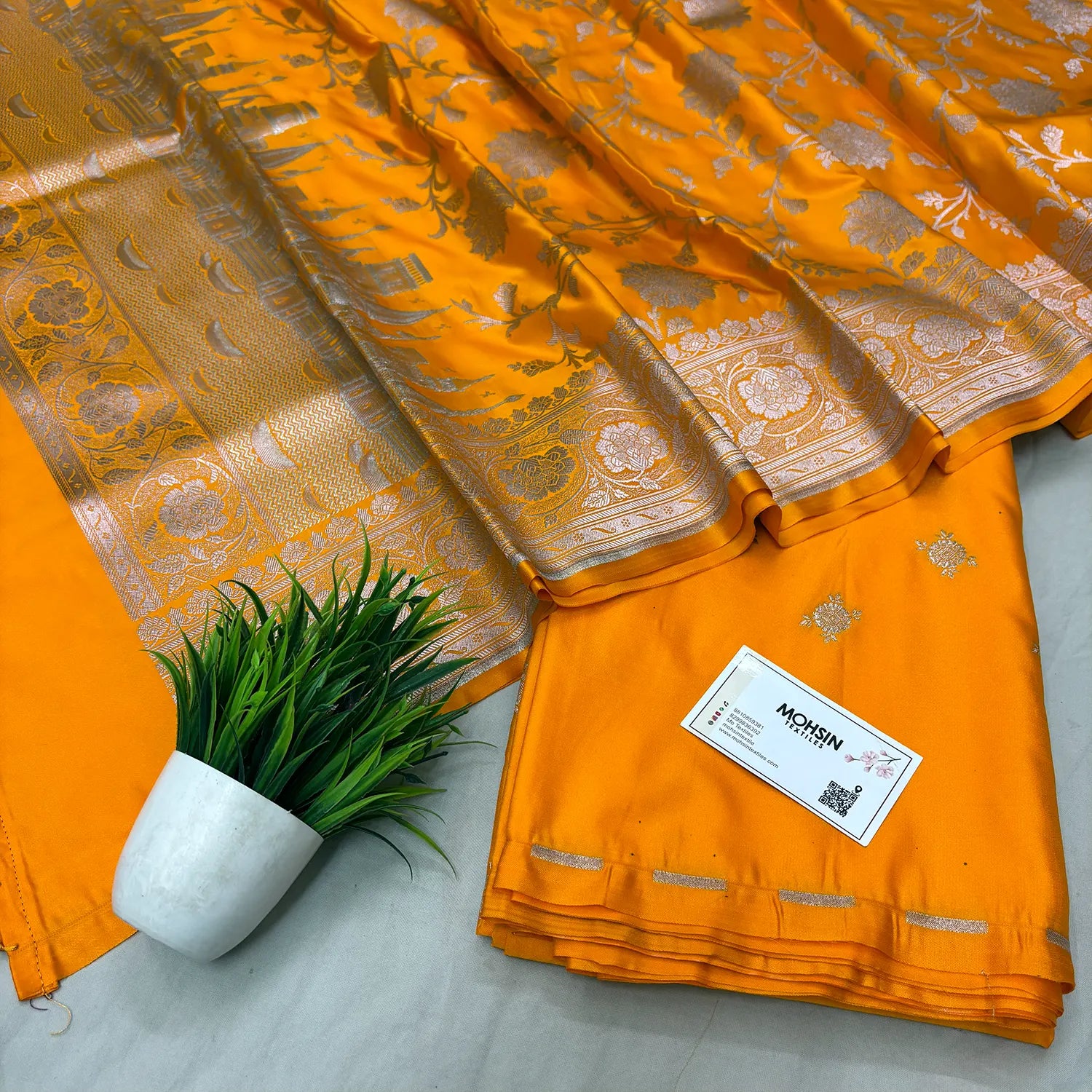 Yellow Ganga Ghat Katan Silk Banarasi Suit