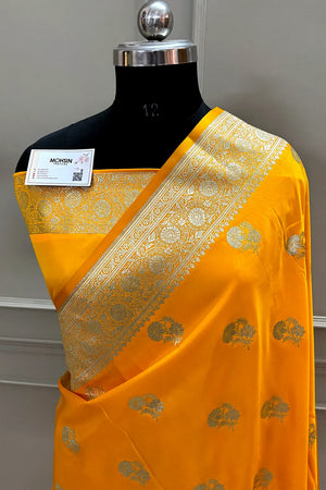 Yellow Golden Flower Katan Silk Banarasi Saree