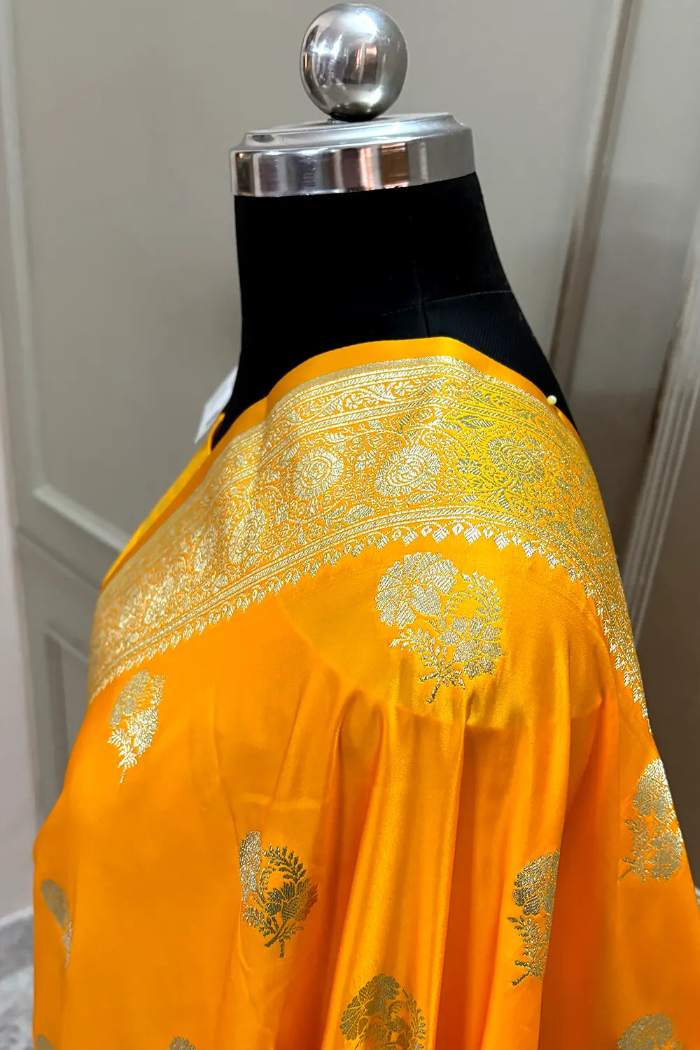 Yellow Golden Flower Katan Silk Banarasi Saree