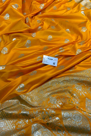Yellow Golden Flower Katan Silk Banarasi Saree