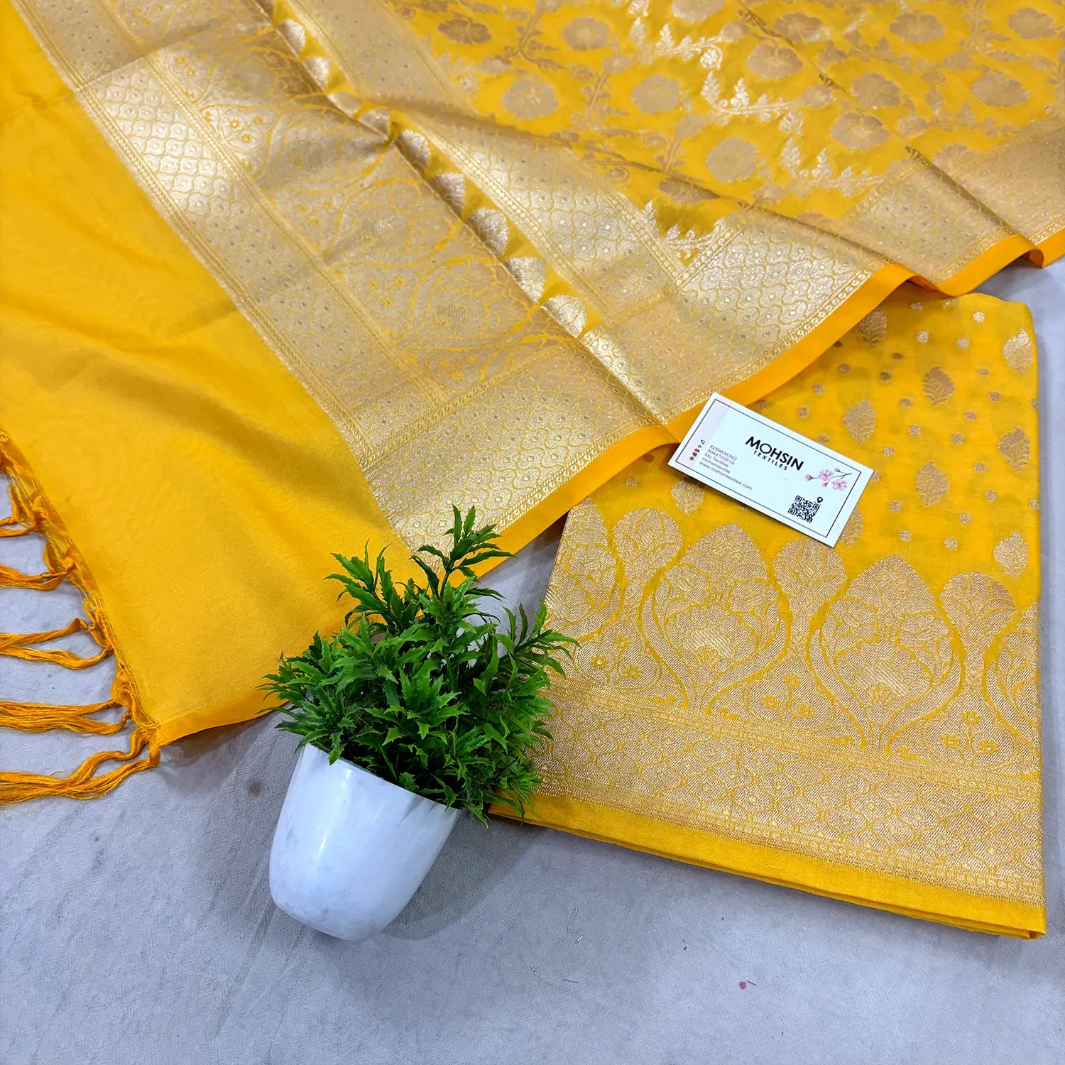Yellow Kalli Patta Katan Silk Banarasi Suit