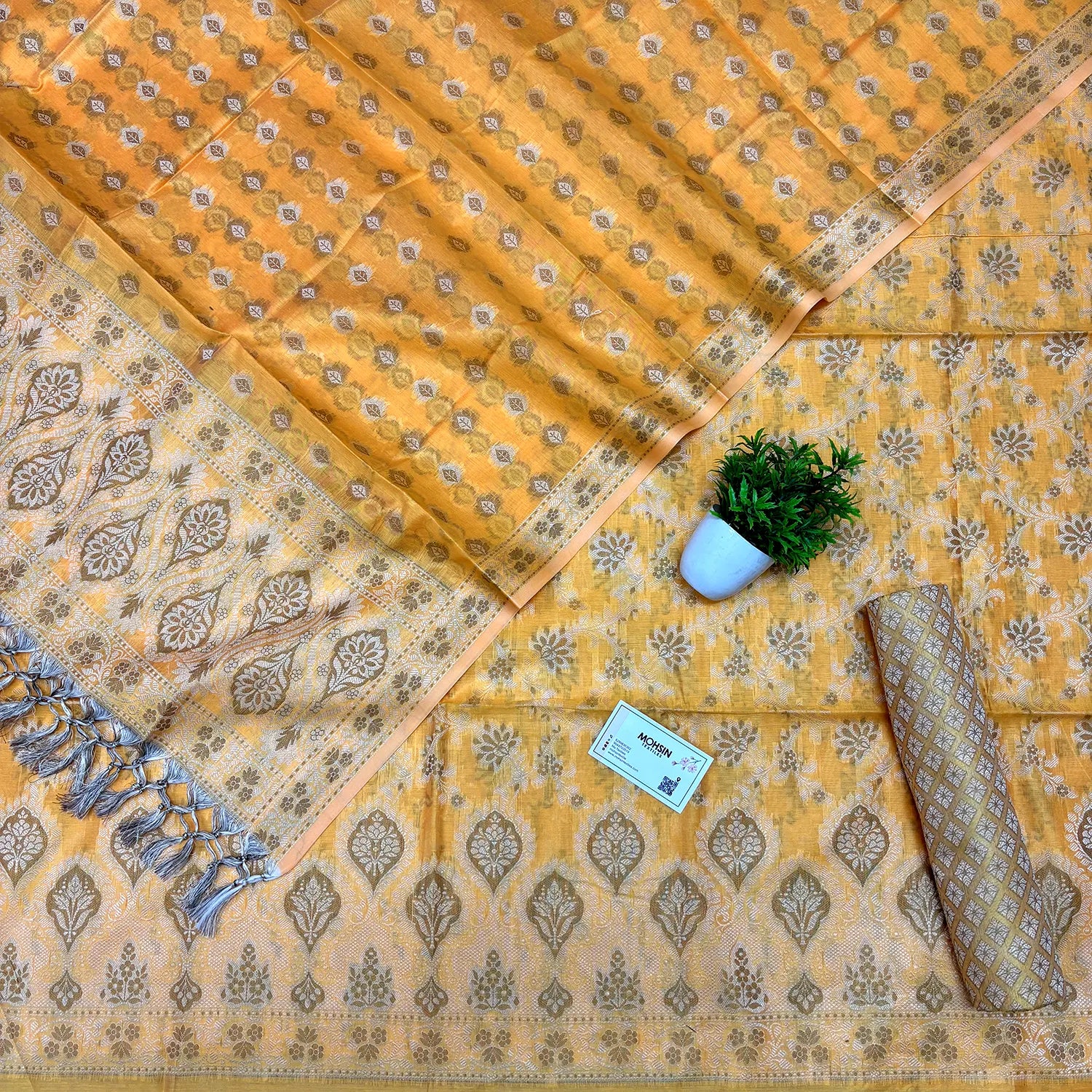 Yellow Mogambo Jaal Cotton Silk Banarasi Suit