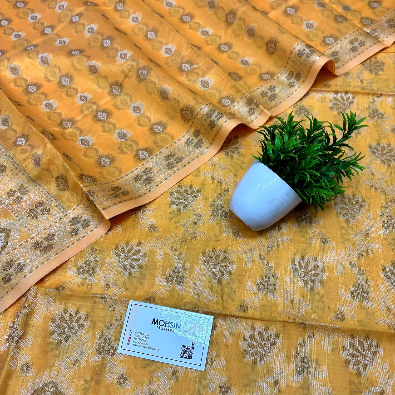 Yellow Mogambo Jaal Cotton Silk Banarasi Suit