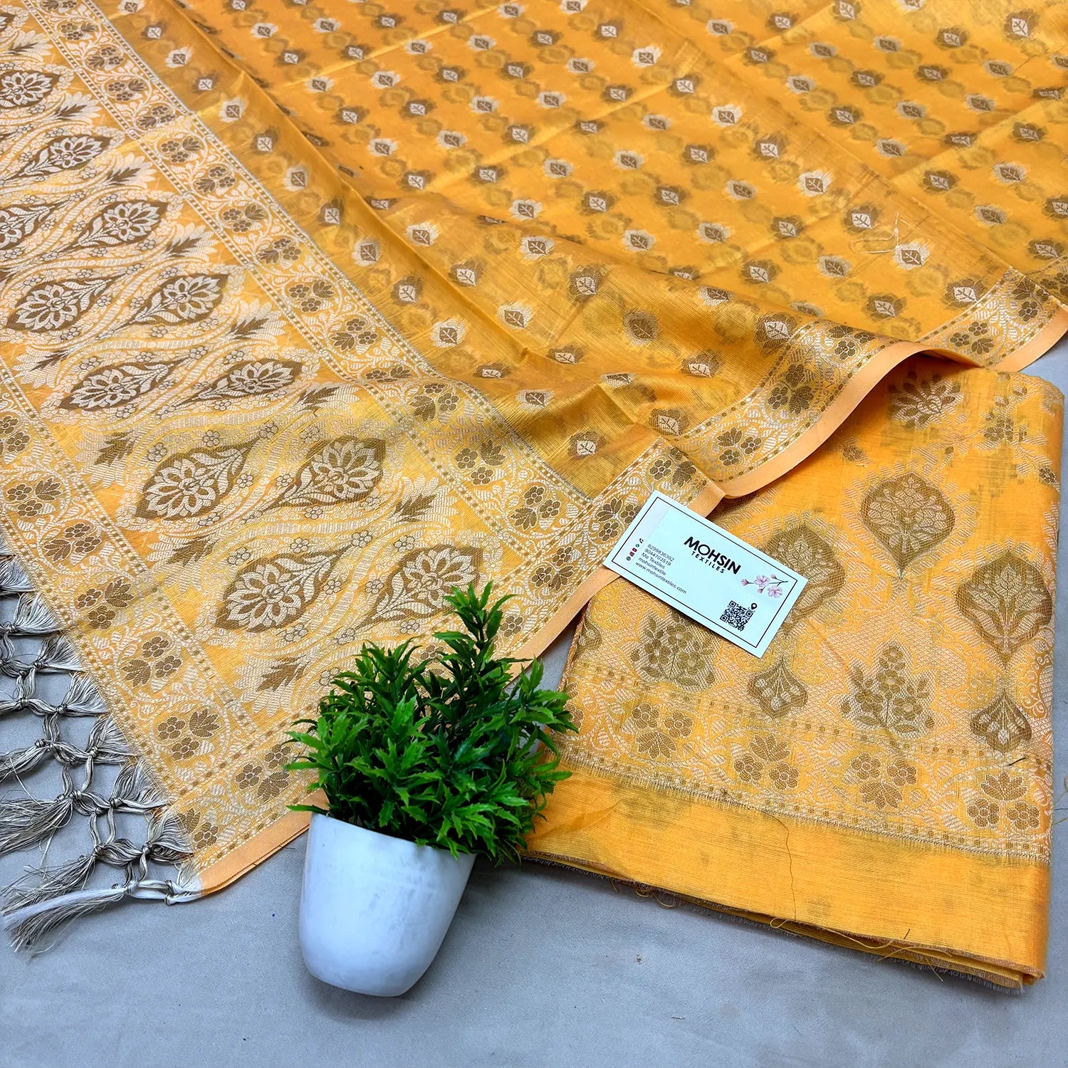 Yellow Mogambo Jaal Cotton Silk Banarasi Suit