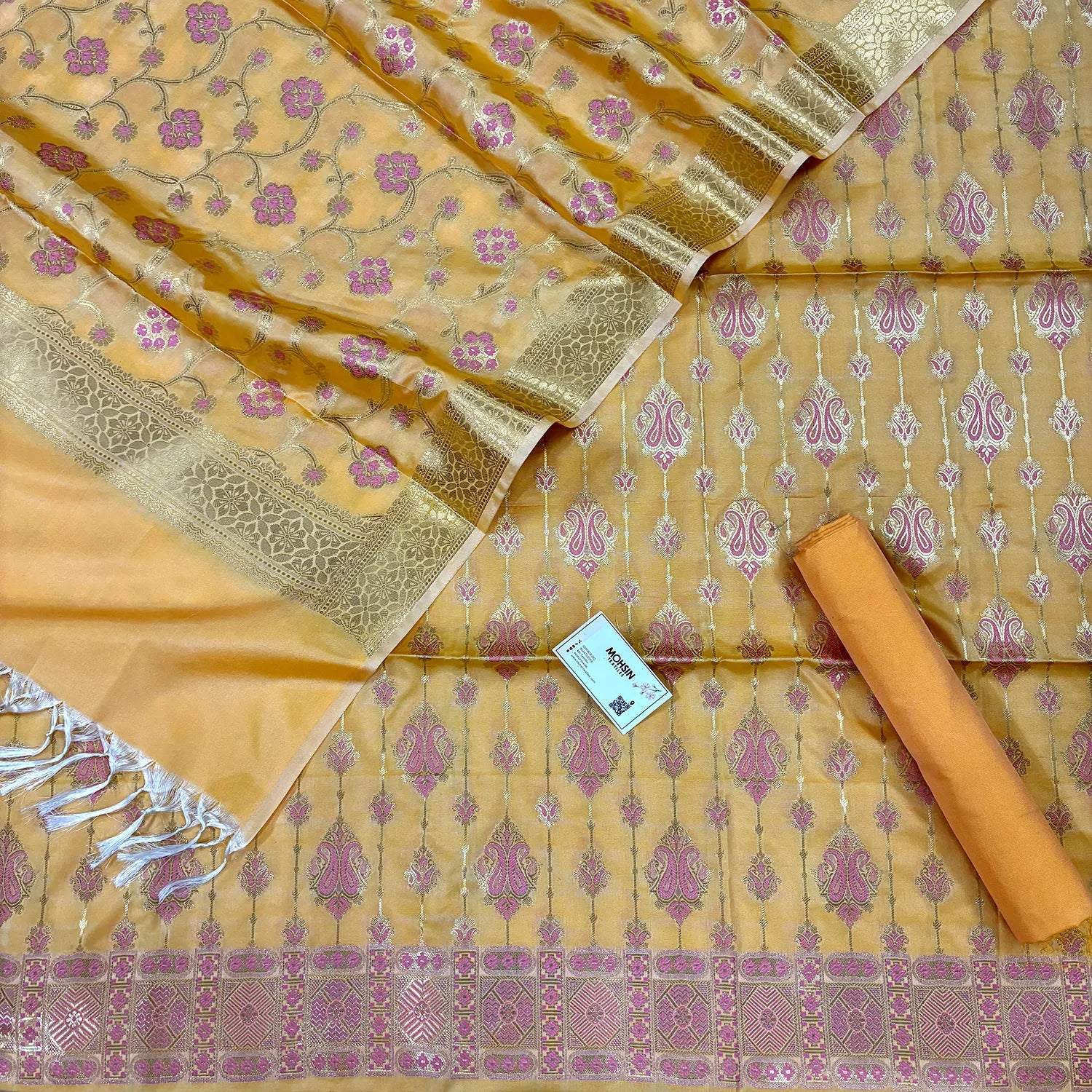 Yellow Pink Meena Katan Silk Banarasi Suit