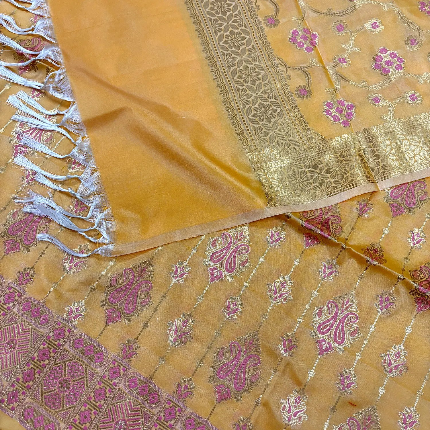 Yellow Pink Meena Katan Silk Banarasi Suit