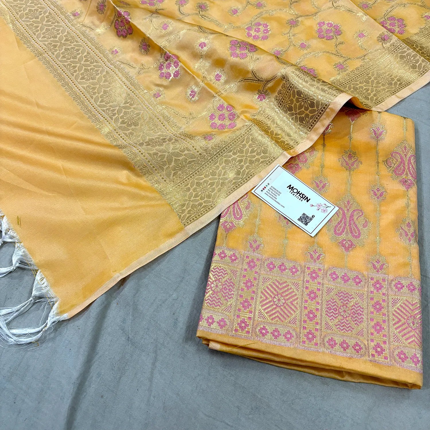 Yellow Pink Meena Katan Silk Banarasi Suit