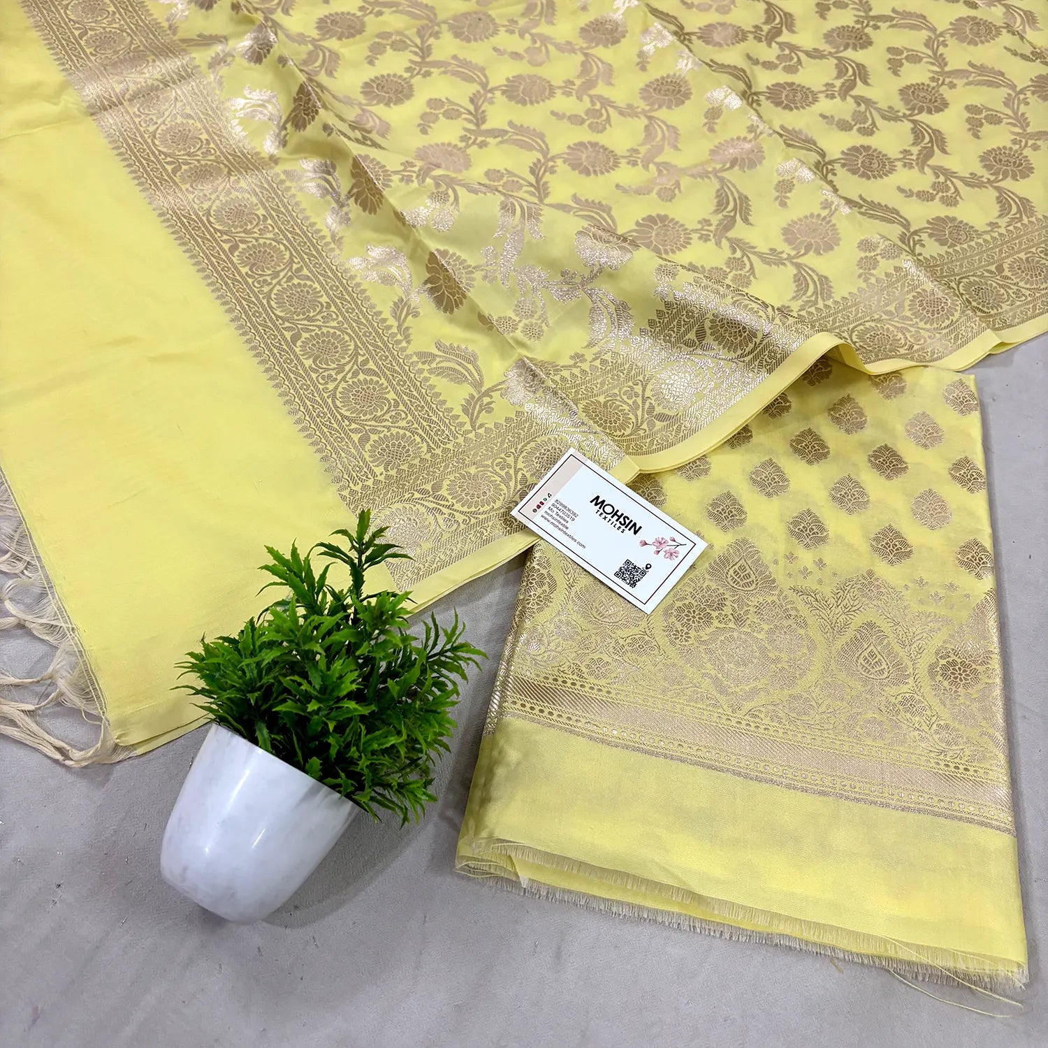 Yellow Singhasan Buti Satin Silk Banarasi Suit