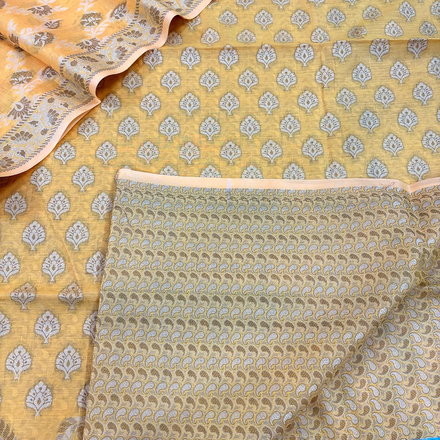 Yellow Surahi Tree Cotton Silk Banarasi Suit