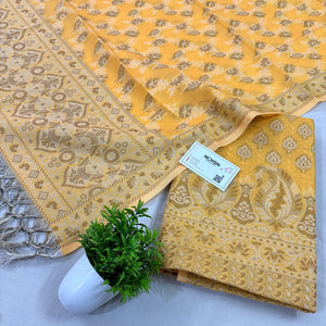 Yellow Surahi Tree Cotton Silk Banarasi Suit