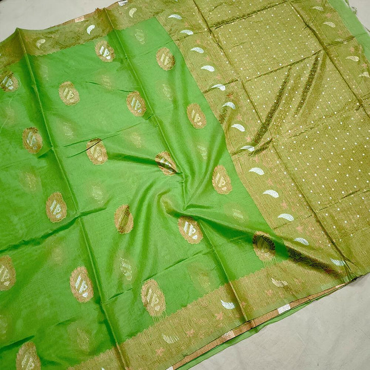Mix Golden Silver Zari Cotton Silk Banarasi Saree - Mohsin Textiles