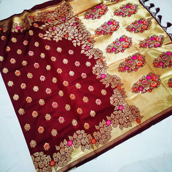 Multi Meenakari Satin Silk Maroon Banarasi Saree - Mohsin Textiles